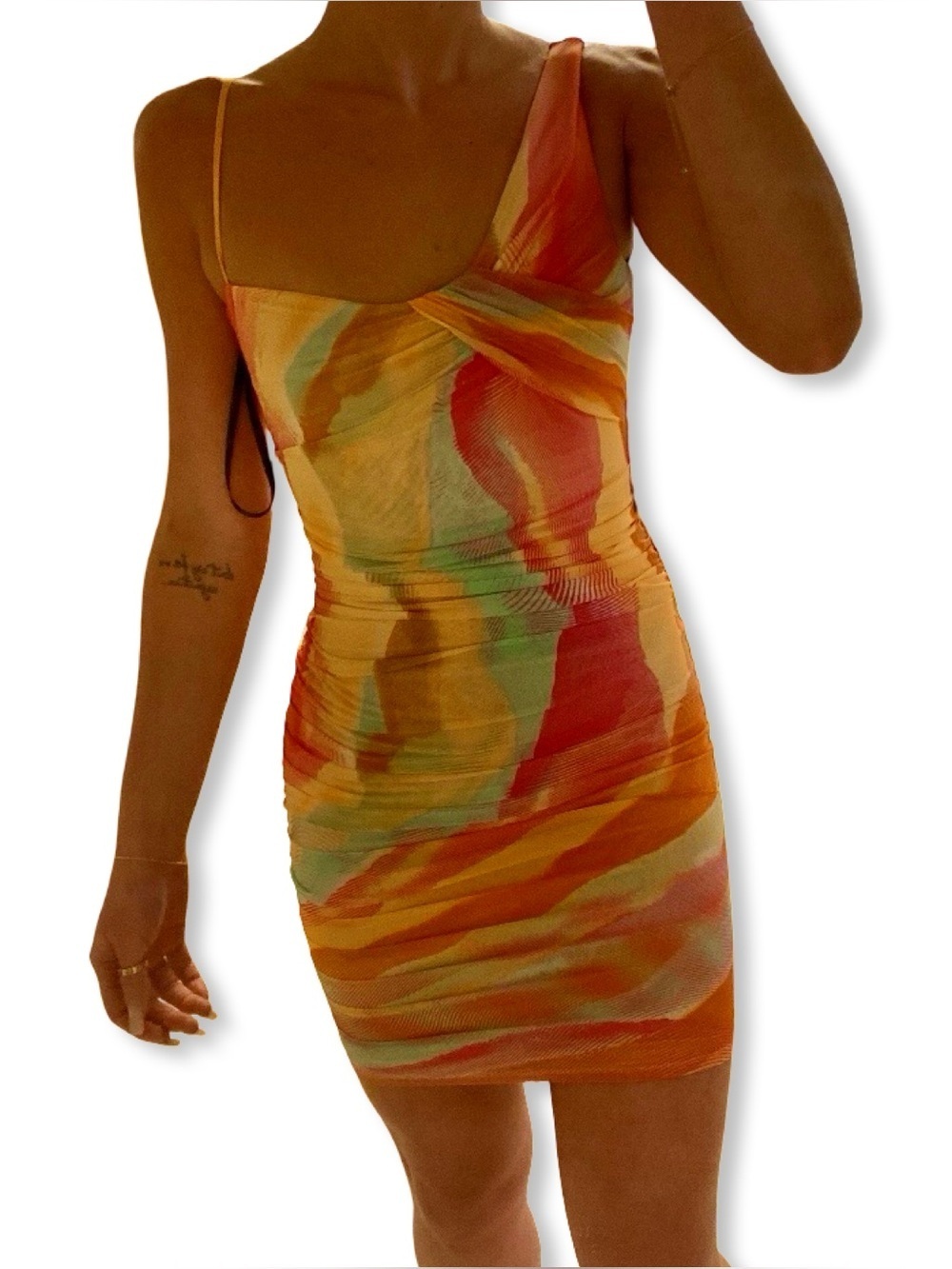 Guess Marciano Nu Wave Abstract Swirl Orange Multi-Color Bodycon Dress | NWOT